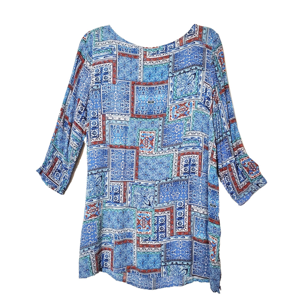 J Jill Womens Large Top Tunic Lightweight Rayon Patchwork Print‎ Side Slits